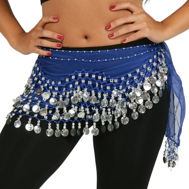 Chiffon Belly Dance Hip Scarf Wrap Belt Tribal Sash Skirt Silver Coins  Costume