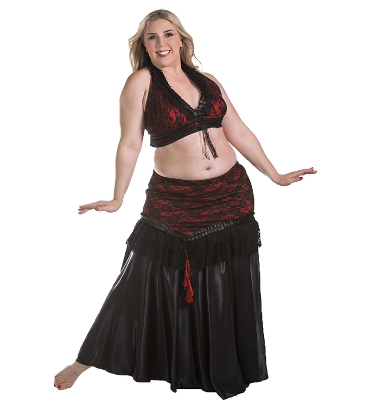 Belly Dance Satin Skirt, Lace Over-Skirt, & Halter Top Costume Set | DEEP SATIN