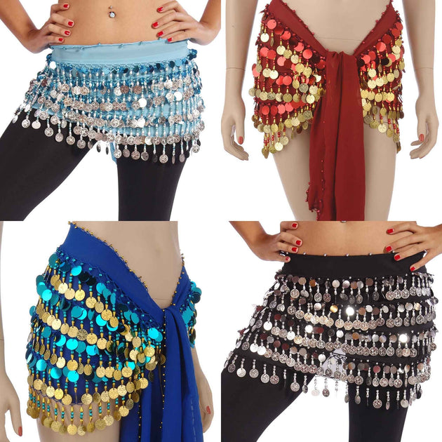 Women Multi Colors Chiffon Belly Dance Hip Scarf Ruffled Coin Belt Skirt Hip  Wrap - Blue - C912NS09J1E