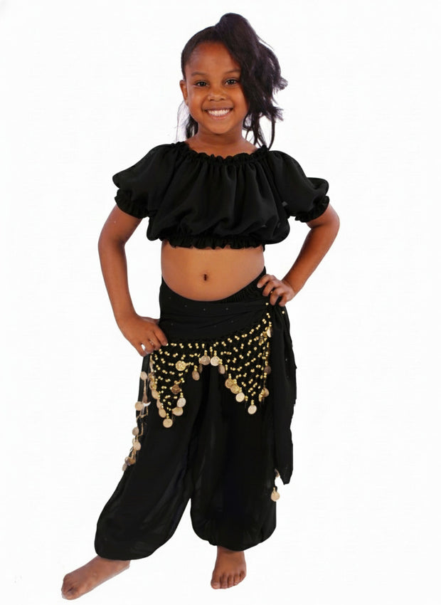 Belly Dance Kid's Chiffon Top, Pants, & Hip Scarf Halloween Costume Set|  Black Friday