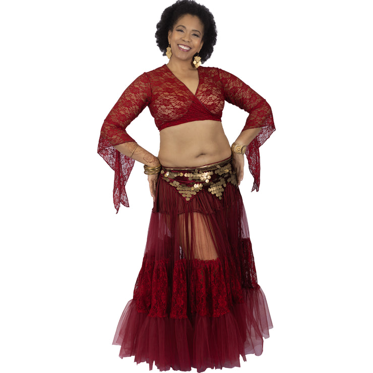 Belly Dance Lace 25 Yard Skirt With Top & Fringe Hip Scarf