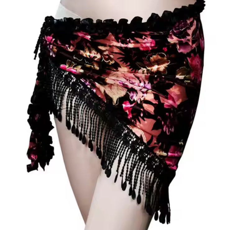 Belly Dance Velvet Floral Patterned Fringe Scarf