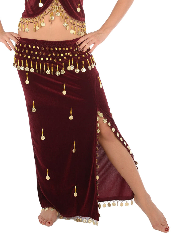 Belly Dance Velvet Side Slit Skirt With Coins
