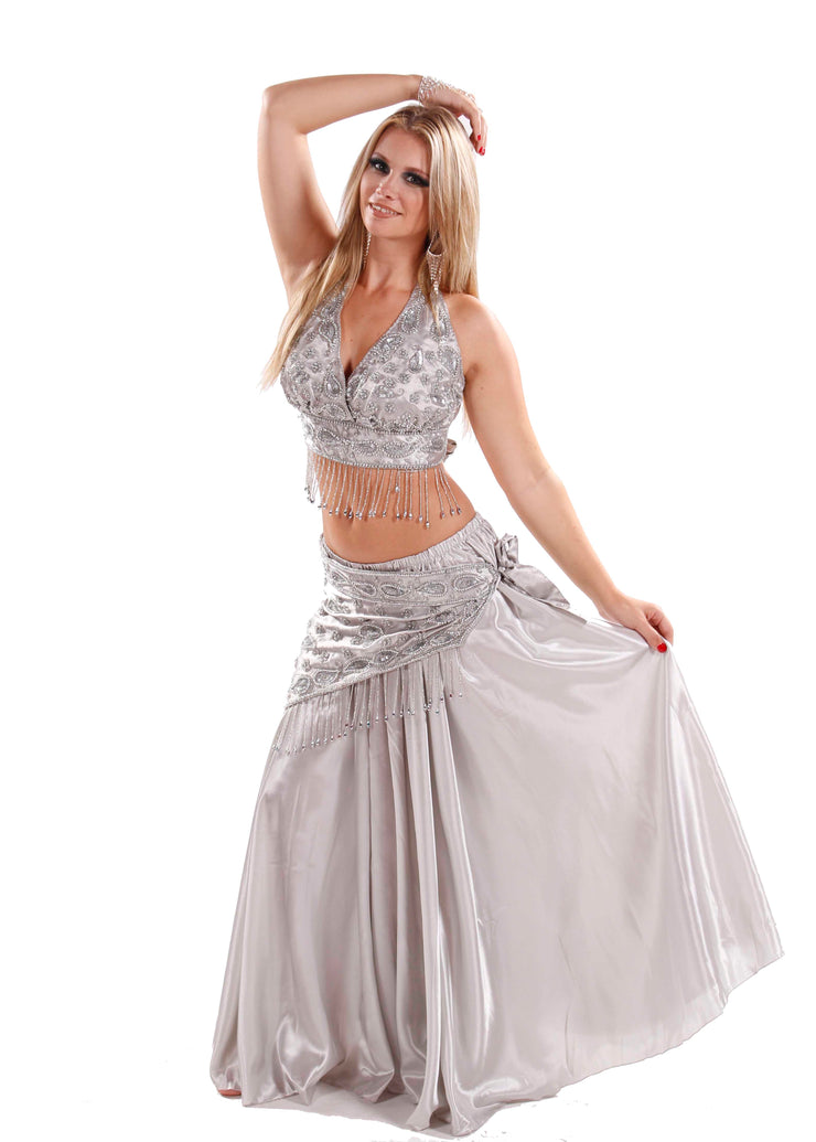 Elegant White Belly Dance Fringe Bra Skirt with Isis Wings set