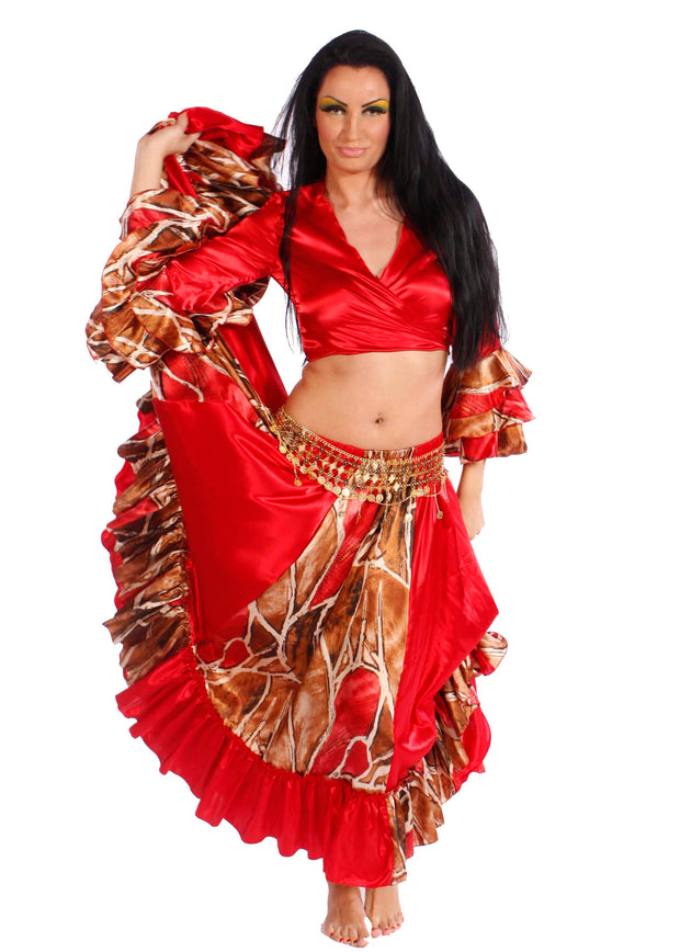 Belly Dance Satin Giraffe Patterned Top-Skirt & Belt Costume Set | Gala Night