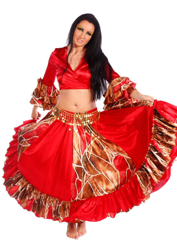 Belly Dance Satin Giraffe Patterned Top-Skirt & Belt Costume Set | Gala Night