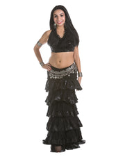 Belly Dance Ruffled Tribal Skirt, Halter Top & Coined Belt