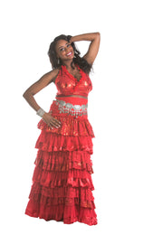 Belly Dance Ruffled Tribal Skirt, Halter Top & Coined Belt