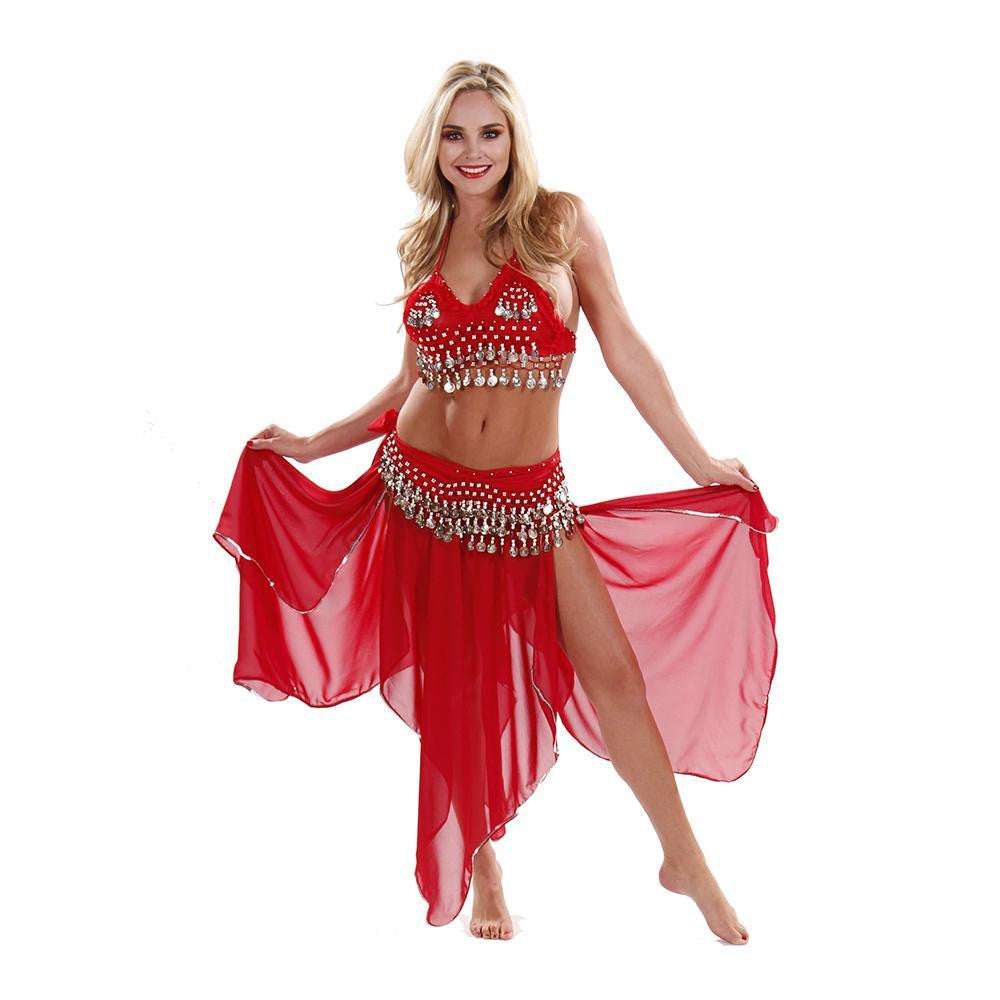 Women\'s Red Imported Chiffon Belly Dance Costume Indian Dance Skirt with Coins Red Belly Dance Costume Gold Coin Halter Top Skirt Set  main image 4