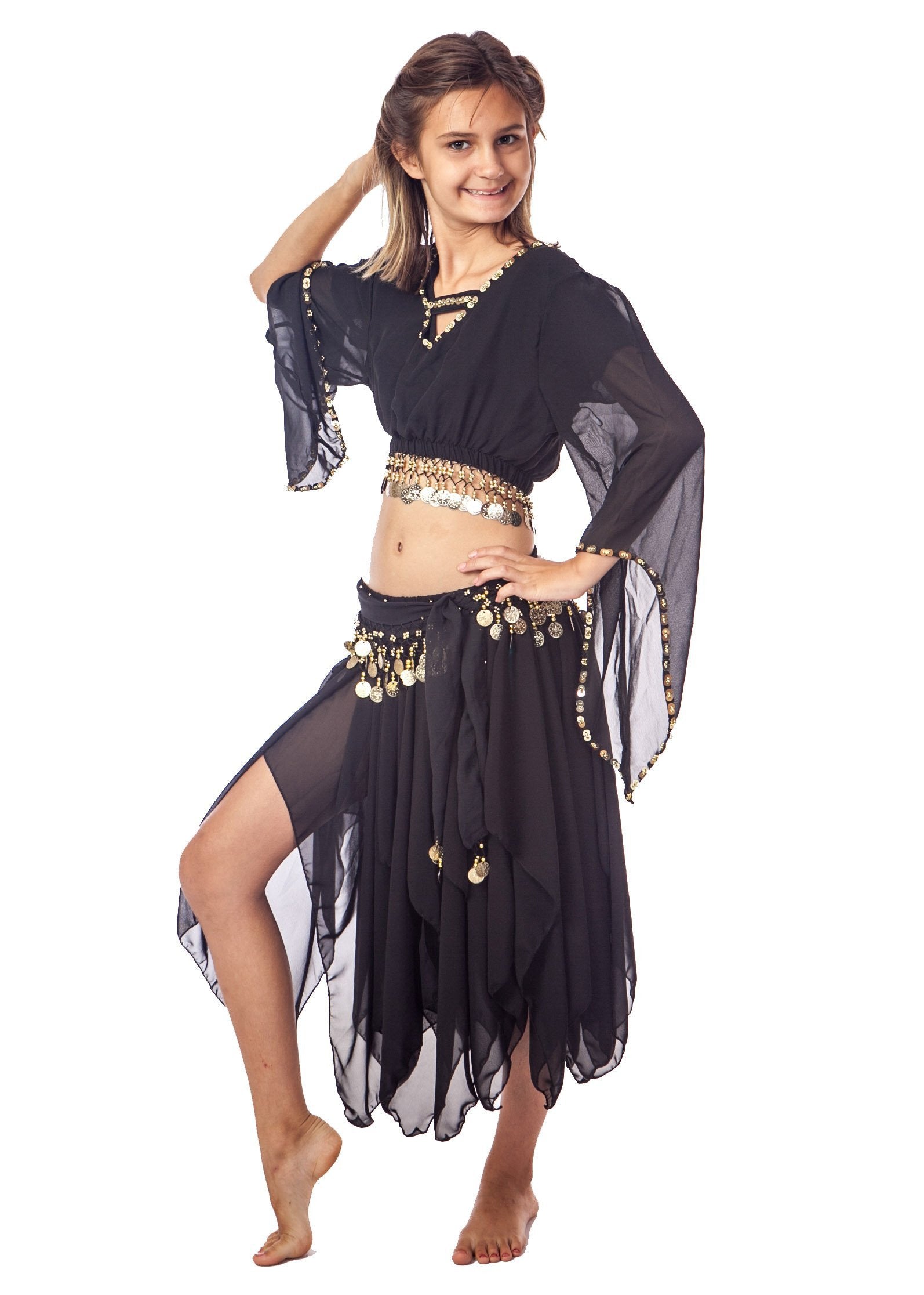 Belly Dance Child Coin Top with Long Skirt & Hip Scarf 