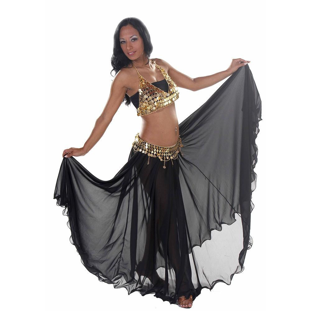 Belly Dance Full Circular Skirt, Coin Bra, & Belt Costume Set, Black / Gold
