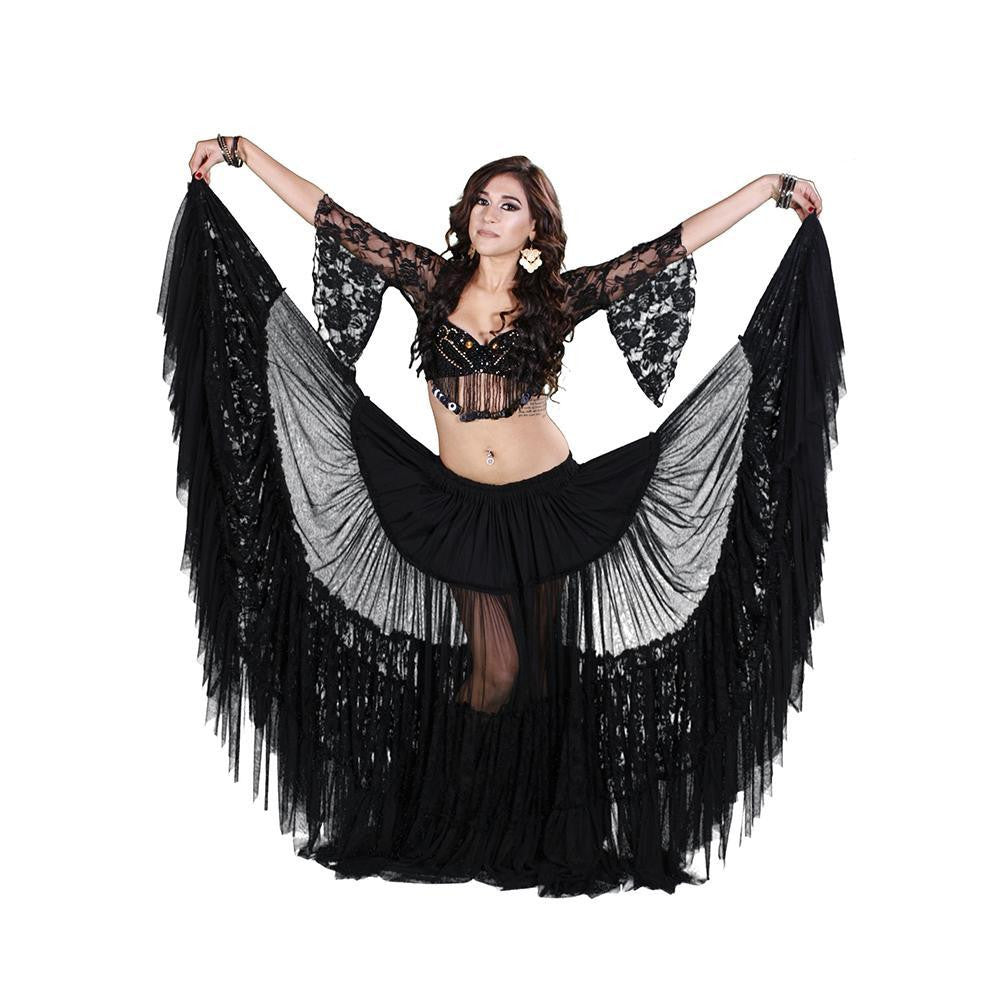 Belly Dance Lace Bra, Skirt, & Net Scarf Costume Set | ROMA ELEGANCE, Black / DD Cup