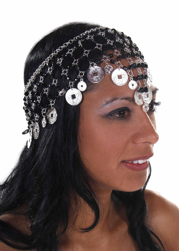 Belly Dance Net Beaded Head Piece with Coins | DEIRA CROWN