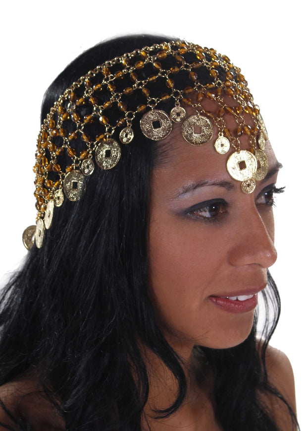 Belly Dance Net Beaded Head Piece with Coins | DEIRA CROWN