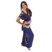Belly Dance Satin Top, Chiffon Harem Pants, & Hip Scarf Costume Set | SHINING SHOWCASE