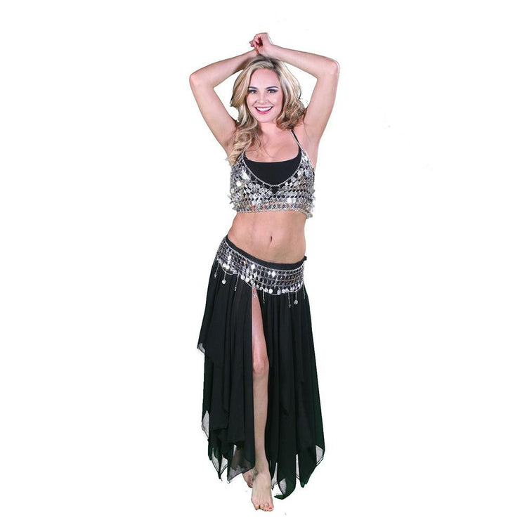 Belly Dance Silver Skirt, Bra, & Belt Costume Set