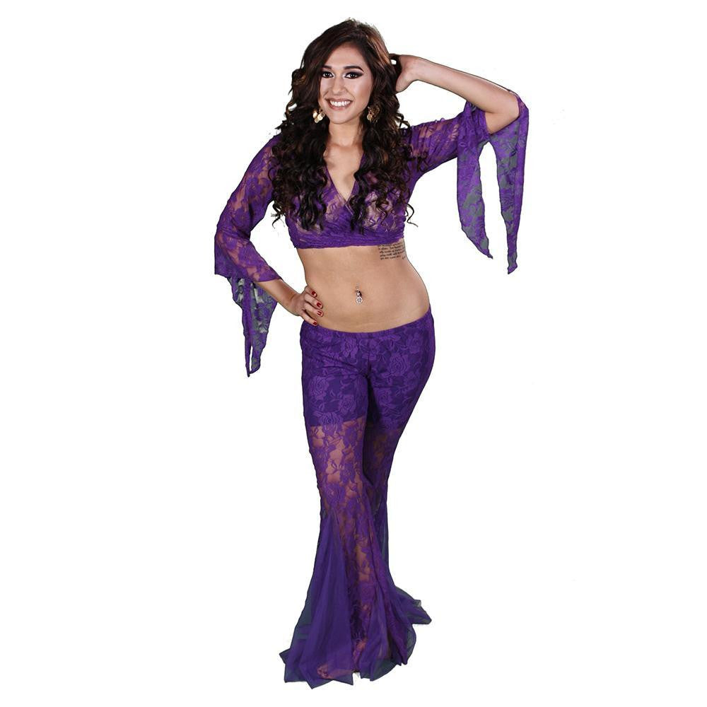 Belly Dance Women's LACE Pants & Top Costume Set | LACE IT UP, Purple / Small/Medium